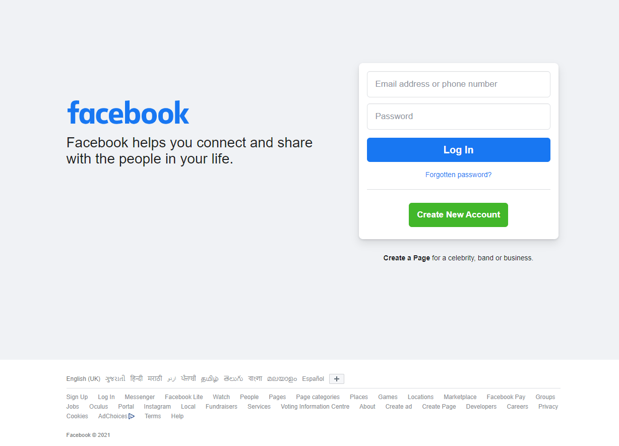 facebook signup page
